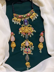 Devi pendent with peacock and Elephant in Black Dori Kundan - BD0016