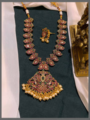 Ruby Mango Necklace with Peacock Pendant in Nakshi - NN00682