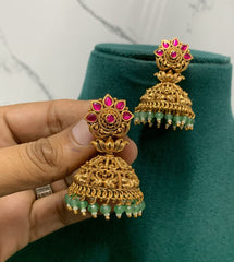 Beautiful Ruby Flower Jhumki In Nakshi - NE00358