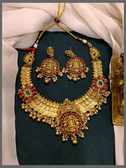 3 Layer Kassu Necklace with Lakshmi Pendant and Flower Side Pendant in Nakshi -NN00644