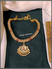 Antique White and Ruby Stone Necklace with Vintage Pendant in Nakshi - NN00657