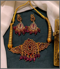 Kempu Peacock Necklace In Nakshi - NN00665