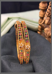 White Flower stone with Multi Stone Bangles in Nakshi - BG00594