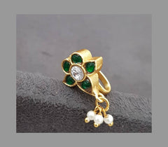 Emerald Flower Nose Ring in Kundan - NR003
