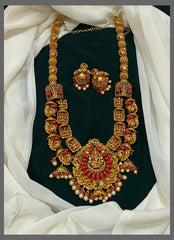Beautiful Lakshmi and Peacock Double Layer Haram With Coral Beads In Nakshi - NH00235