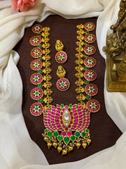Jadau Bottu Haram With Lotus Pendant And Earrings - KH00431
