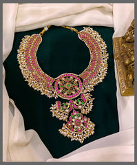 Jadau Moon Neckalce With Rice Pearls And Double Pendant - KN00461