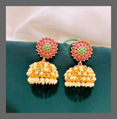 Kempu Flower Jhumki In Nakshi - NE00468