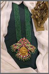 Lakshmi Pendant and Peacock in Kundan with 5 Layer Green Pearl Haram - PB00484