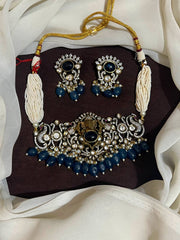 White Pearl Choker With Ganesha Pendant and Blue Beads - VN00202
