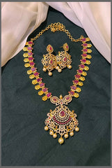 Ruby with Small Kashu Necklace and Flower Pendant in Nakshi - NN00567