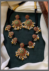 Antique Multi flower Pendant With Rice pearl Necklace In Black dori- BD0091