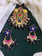 Purple Stone Carved Pendant with Earrings - KP003