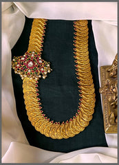 Peacock and Flower Side Kundan Pendant with Kaasu Haram - KH00340