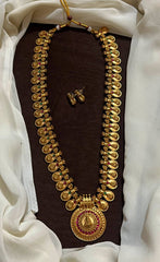 Antique Finish Kaasu Long Haram With Round Lakshmi Pendant - NH0088