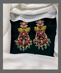 Flower Pattern Long Jadau Earrings - KE00231