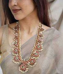 Jadau Long Guttipusalu Haram With Rice Pearls - KH00221