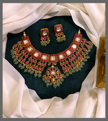 Ruby Kundan Necklace With Emerald Pearls - KN00498