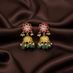 Jadau Flower Stud With Gold Replica Jhumki - KE00593
