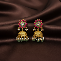 Jadau Flower Stud With Gold Replica Jhumki - KE00593