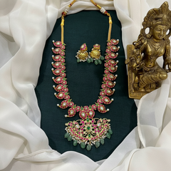 Jadau Long Mango Haram in Antique Gold Polish With Jhumkis - KH00367