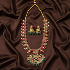Jadau Long Mango Haram in Antique Gold Polish With Jhumkis - KH00367