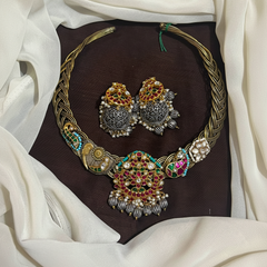 Jadau Fusion Piece German Silver Choker With Jhumki's - KN00677