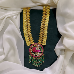 Beautiful Kaasu Haram With A Stunning Kundan Peacock Pendant – KN00553