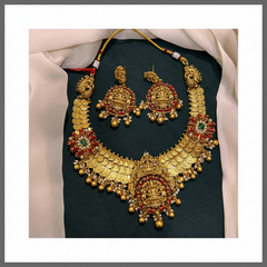 3 Layer Kassu Necklace with Lakshmi Pendant and Flower Side Pendant in Nakshi -NN00644