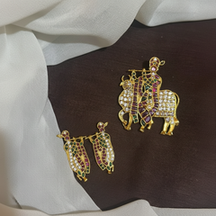 Kempu Stone Krishna Pendant With Earrings - NP00110