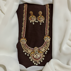 Antique Polish Nakshi Long Haram With Earrings And Kempu Stones - NH00514