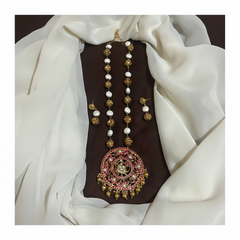 Jadau Ruby Big Pendant With Pearl And Nakshi Ball Chain With Earrings - PB00612