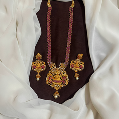 Ruby Stone Gold Polish Long Haram With Earrings - NH00502