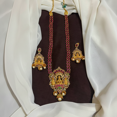 Ruby Stone Gold Polish Long Haram With Earrings - NH00502