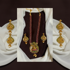 Ruby Stone Gold Polish Long Haram With Earrings - NH00502