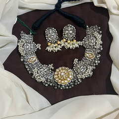 German Silver Necklace With Jadau Pendant and Rice PEarls - NN00990