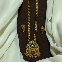 Round Small Ball Chain WIth Lakshmi Pendant in Green Stone - NH00495