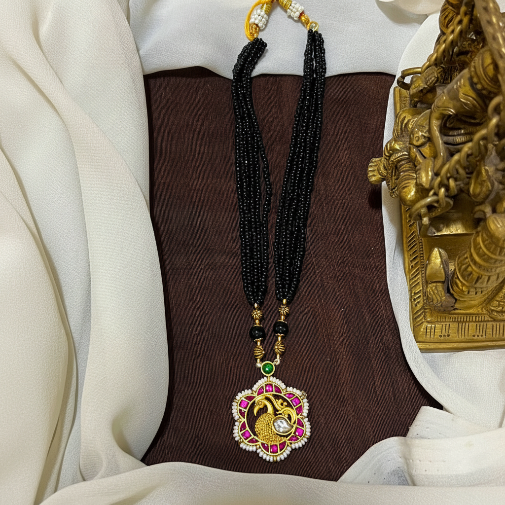 Black beads With Jadau Peacock Pednant - BD00160