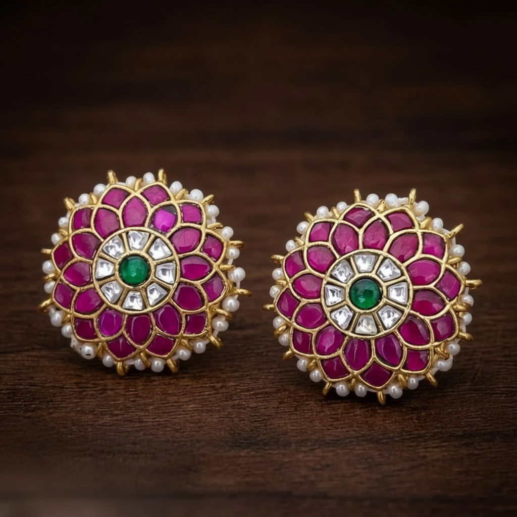 Jadau Flower Pattern Studs - KE00587