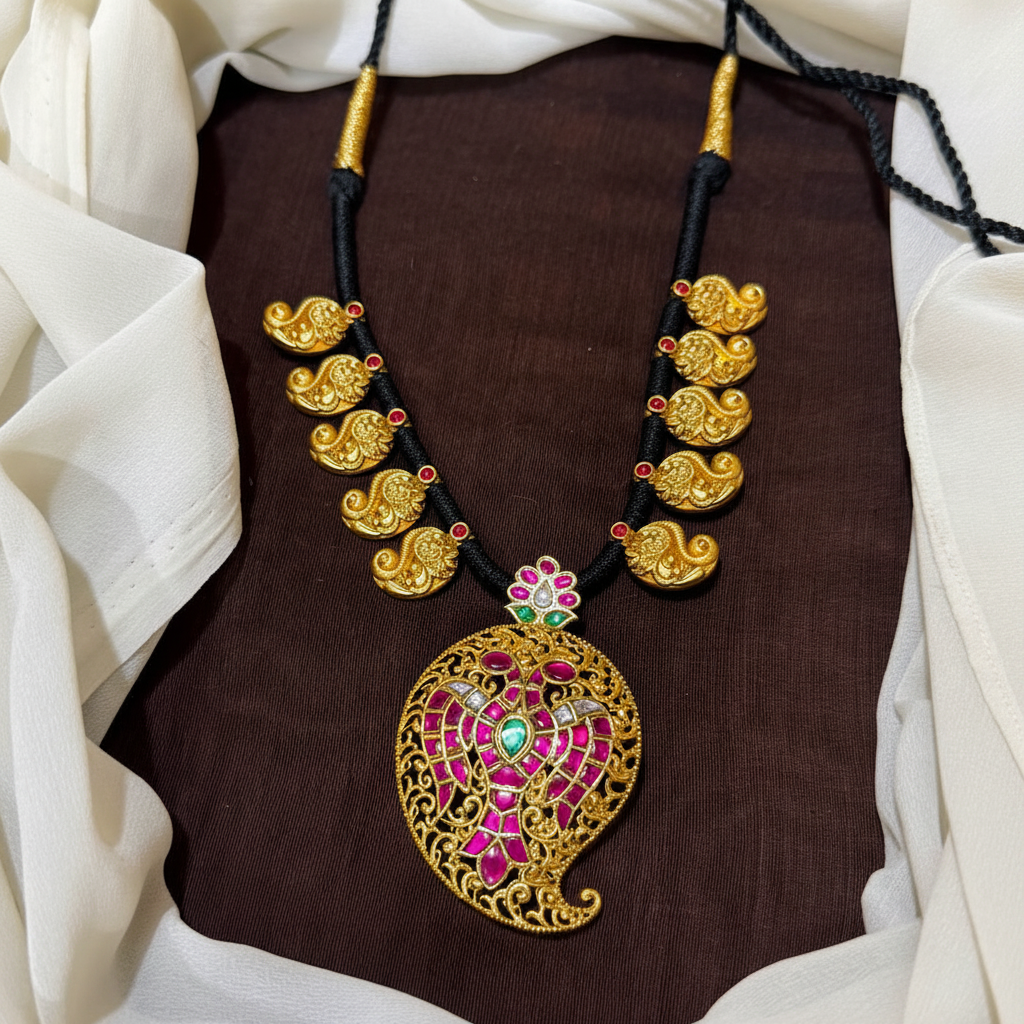 Gandaberunda Jadau Pendant with Mango Black Dori - BD00158