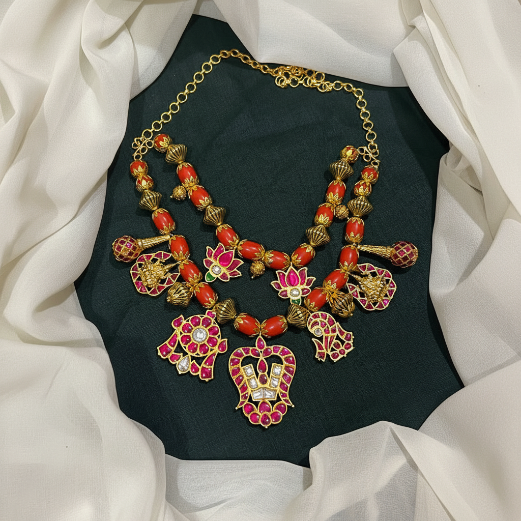 Coral Beautiful Antique Polish Neckpiece with Jadau Small Pendants - PB00566