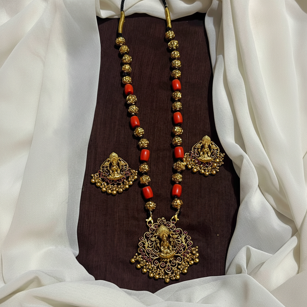 Coral nakshi Ball Black Dori Long With Lakshmi Pendant - PB00637
