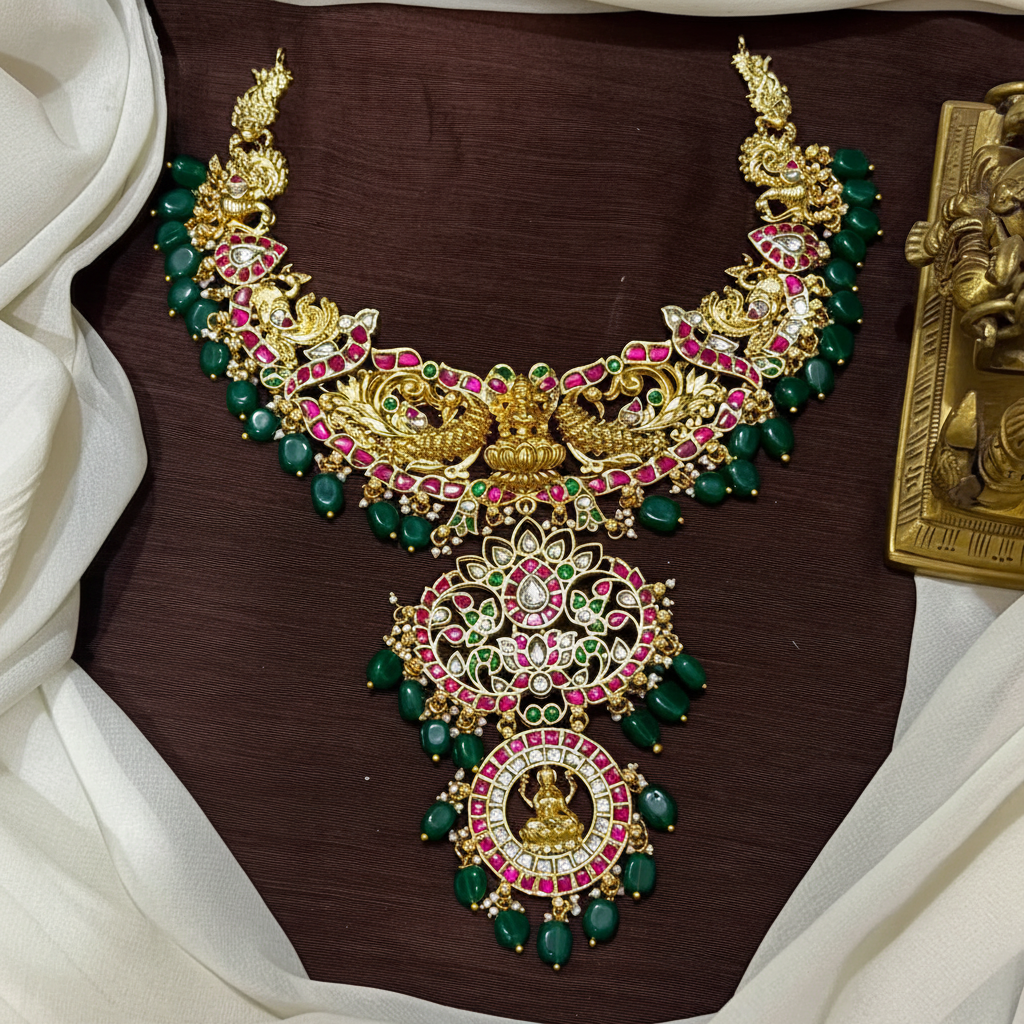Jadau Gold polish Lakshmi Double step pendant set - KN00660