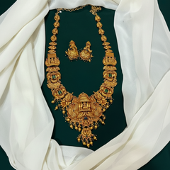 Antique Lakshmi and Peacock Haram With Emerald Stone In Nakshi - NH00236