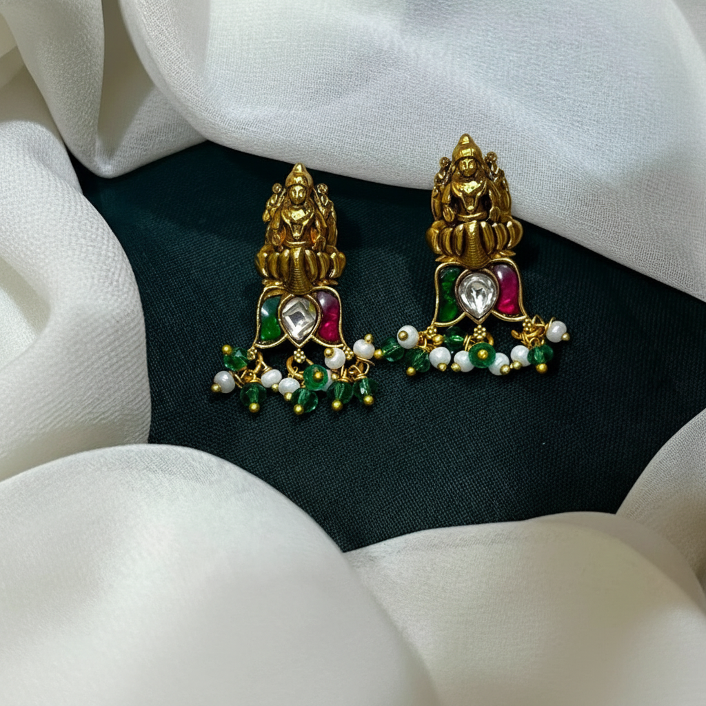 Jadau Nakshi Lakshmi Lotus Earrings With Back Screw - KE00576