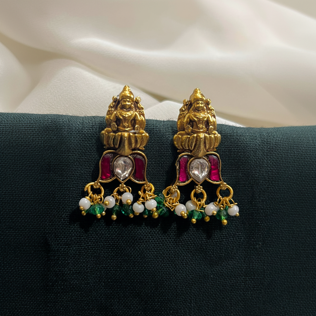 Jadau Nakshi Lakshmi Lotus Earrings With Back Screw - KE00576
