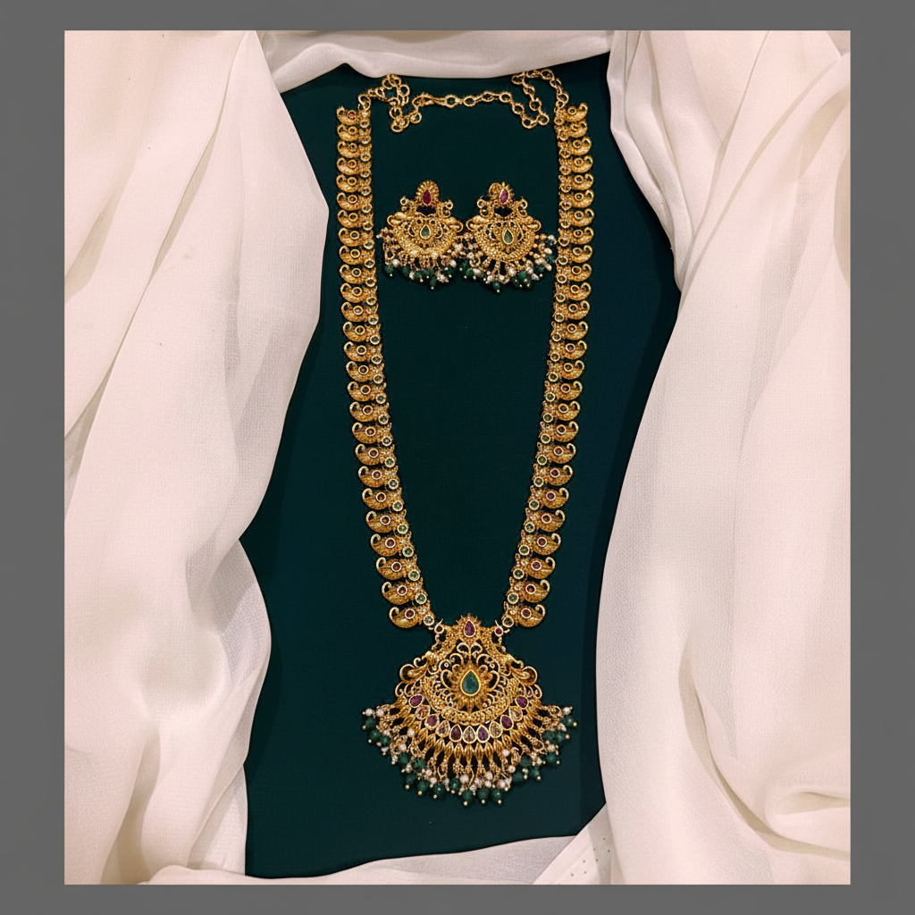 Antique Mango Haram With Peacock Pendent In Nakshi - NH00204