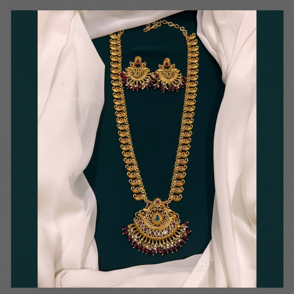 Antique Mango Haram With Peacock Pendent In Nakshi - NH00204