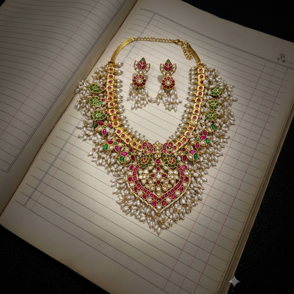 Jadau Original Rice Pearls Necklace with Earrings - KN00608
