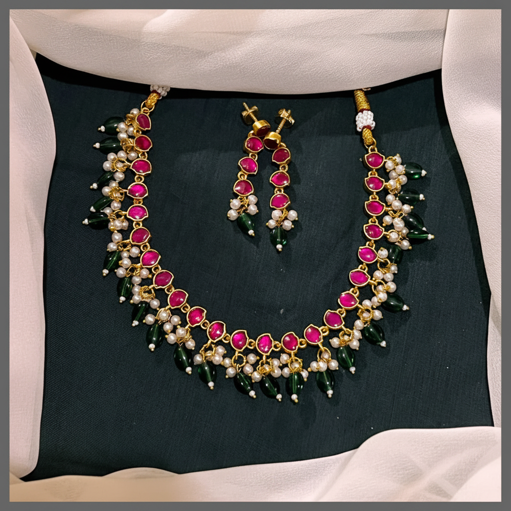 Beautiful Pink with Cream and Green  Pearl Necklace in Kundan - Kn00500